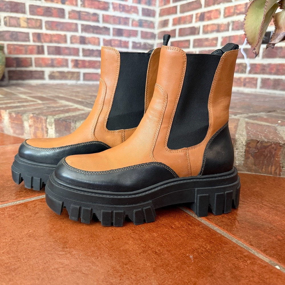 Marc Fisher Brown and Black Leather Morgan Lug Sole Boots